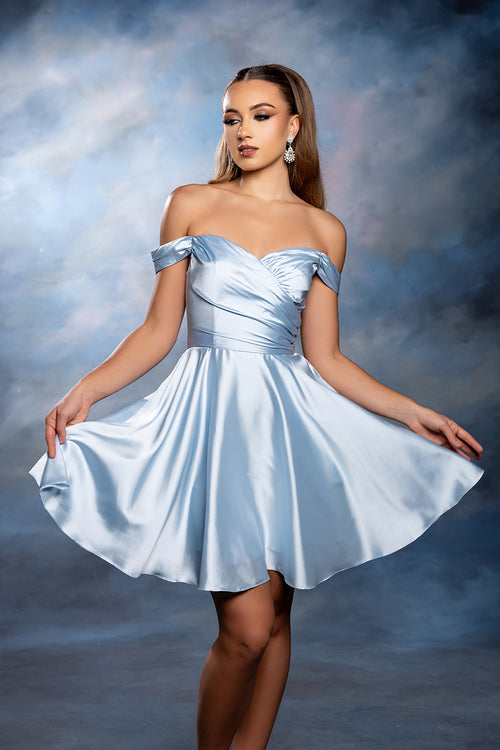 Off-Shoulder Sweetheart Pleated Ruched Bodice Satin Short Dress by May Queen MQ2245