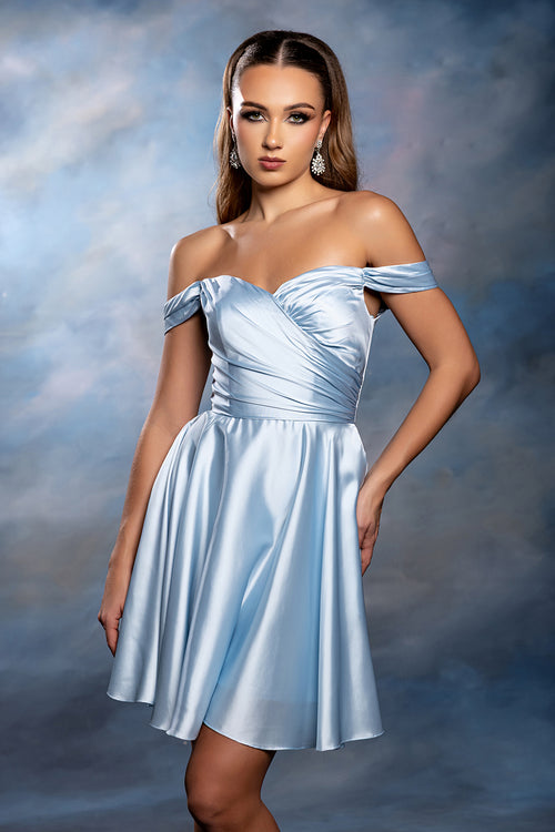 Off-Shoulder Sweetheart Pleated Ruched Bodice Satin Short Dress by May Queen MQ2245