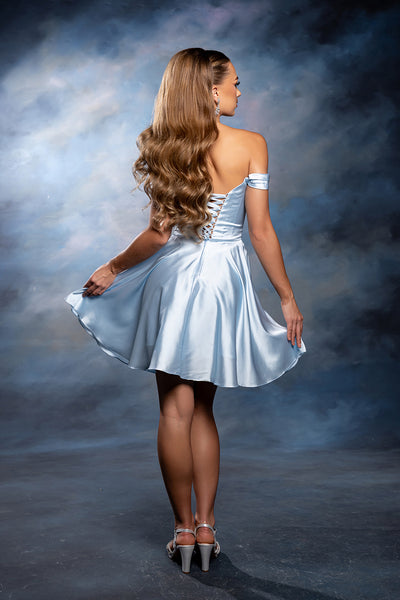 Off-Shoulder Sweetheart Pleated Ruched Bodice Satin Short Dress by May Queen MQ2245