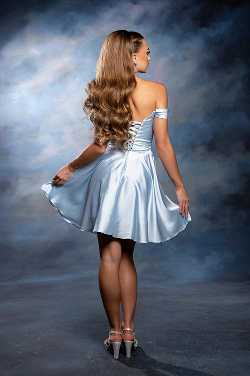 Off-Shoulder Sweetheart Pleated Ruched Bodice Satin Short Dress by May Queen MQ2245