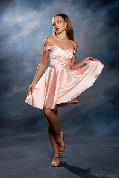 Off-Shoulder Sweetheart Pleated Ruched Bodice Satin Short Dress by May Queen MQ2245