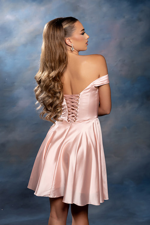 Off-Shoulder Sweetheart Pleated Ruched Bodice Satin Short Dress by May Queen MQ2245