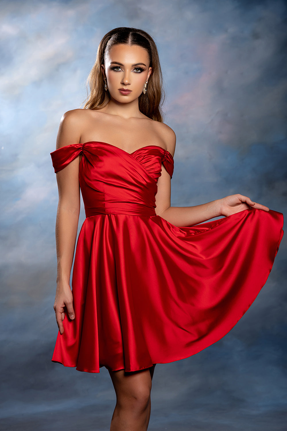 Off-Shoulder Sweetheart Pleated Ruched Bodice Satin Short Dress by May Queen MQ2245