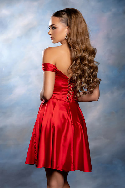Off-Shoulder Sweetheart Pleated Ruched Bodice Satin Short Dress by May Queen MQ2245