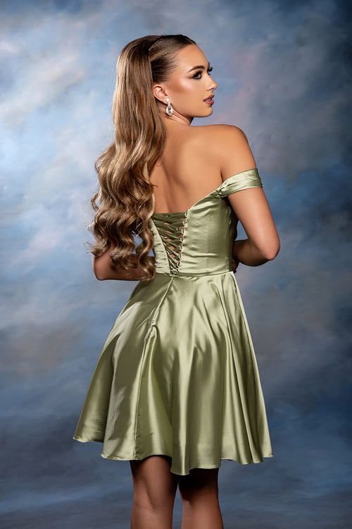 Off-Shoulder Sweetheart Pleated Ruched Bodice Satin Short Dress by May Queen MQ2245
