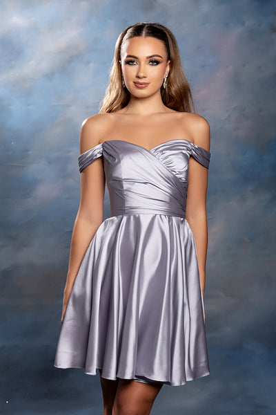 Off-Shoulder Sweetheart Pleated Ruched Bodice Satin Short Dress by May Queen MQ2245