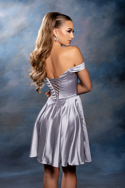 Off-Shoulder Sweetheart Pleated Ruched Bodice Satin Short Dress by May Queen MQ2245