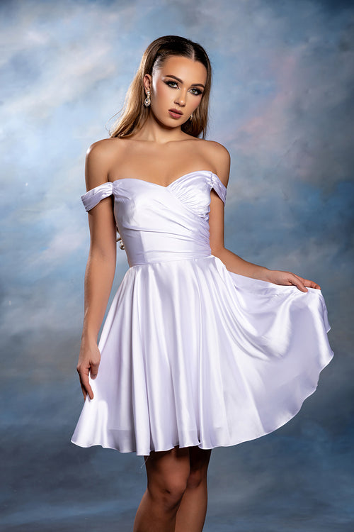 Off-Shoulder Sweetheart Pleated Ruched Bodice Satin Short Dress by May Queen MQ2245