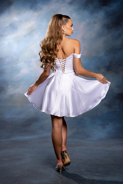 Off-Shoulder Sweetheart Pleated Ruched Bodice Satin Short Dress by May Queen MQ2245