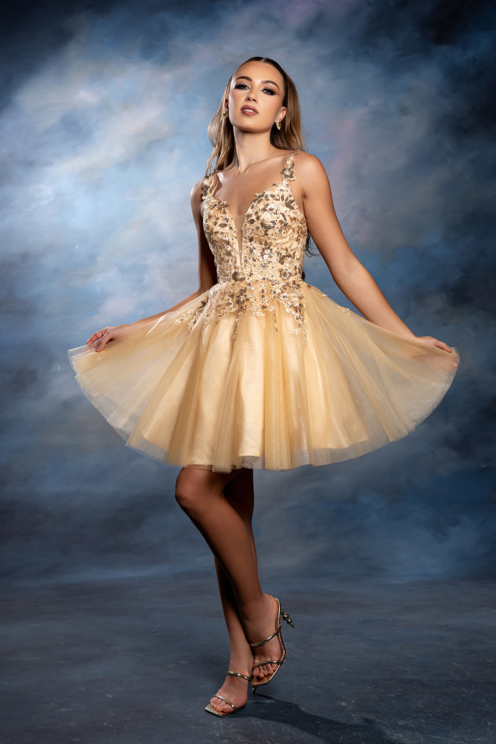 Plunging Illusion Floral Embroidered Embellished Glitter Tulle Short Dress by May Queen MQ2246