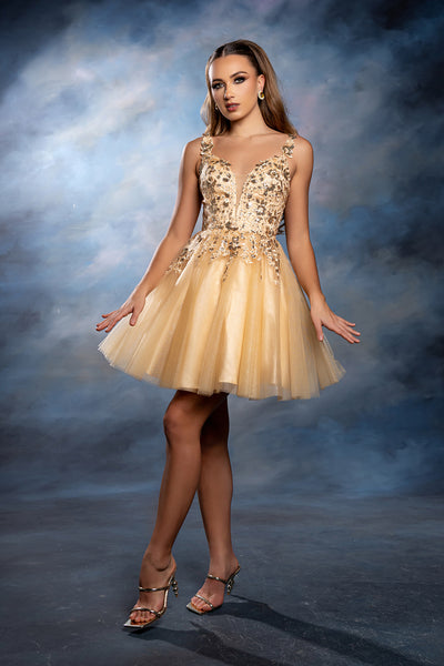 Plunging Illusion Floral Embroidered Embellished Glitter Tulle Short Dress by May Queen MQ2246
