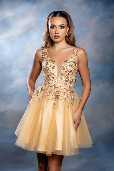 Plunging Illusion Floral Embroidered Embellished Glitter Tulle Short Dress by May Queen MQ2246