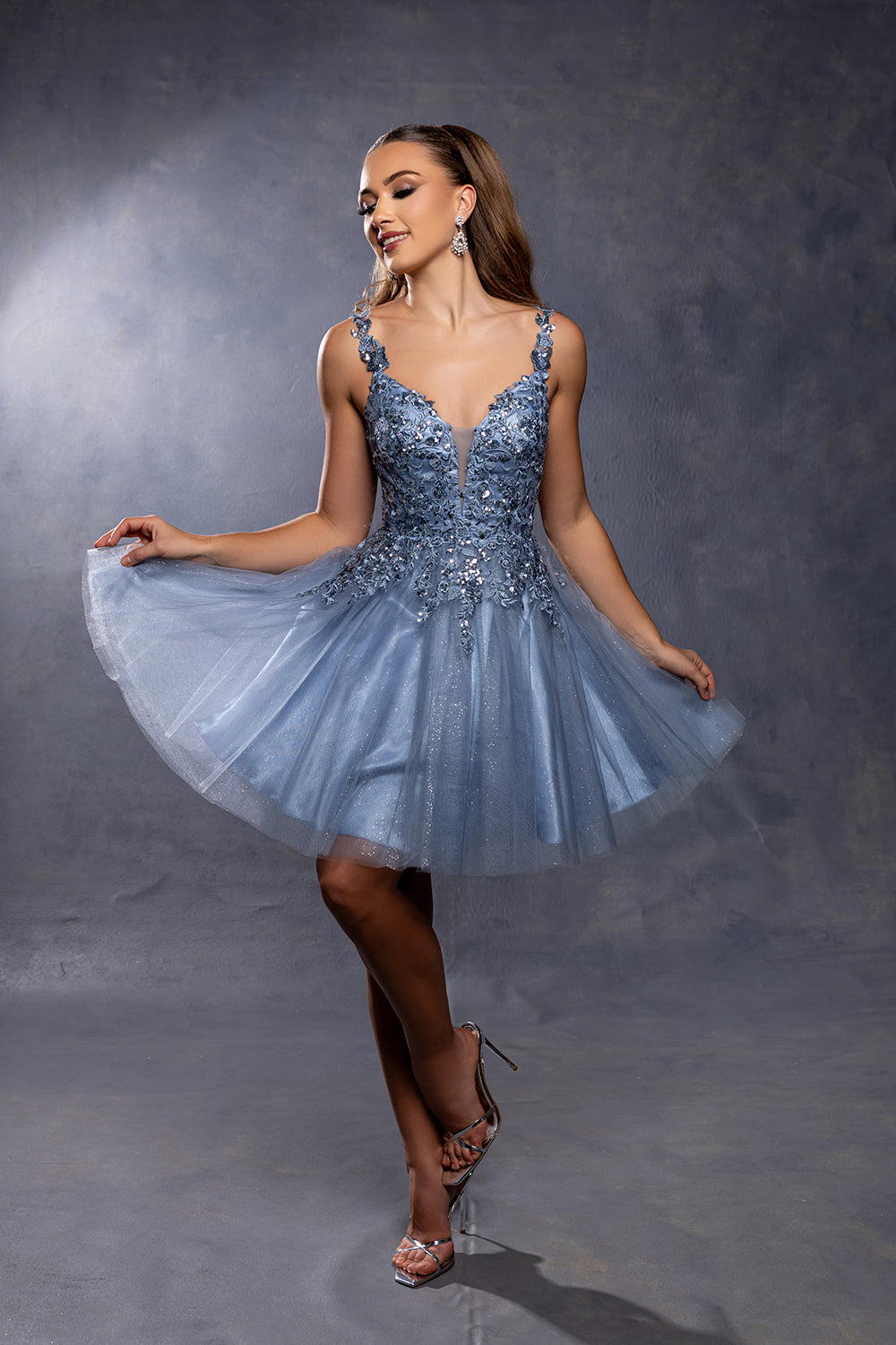 Plunging Illusion Floral Embroidered Embellished Glitter Tulle Short Dress by May Queen MQ2246