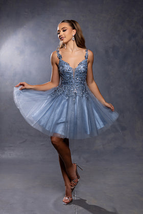 Plunging Illusion Floral Embroidered Embellished Glitter Tulle Short Dress by May Queen MQ2246