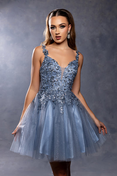 Plunging Illusion Floral Embroidered Embellished Glitter Tulle Short Dress by May Queen MQ2246
