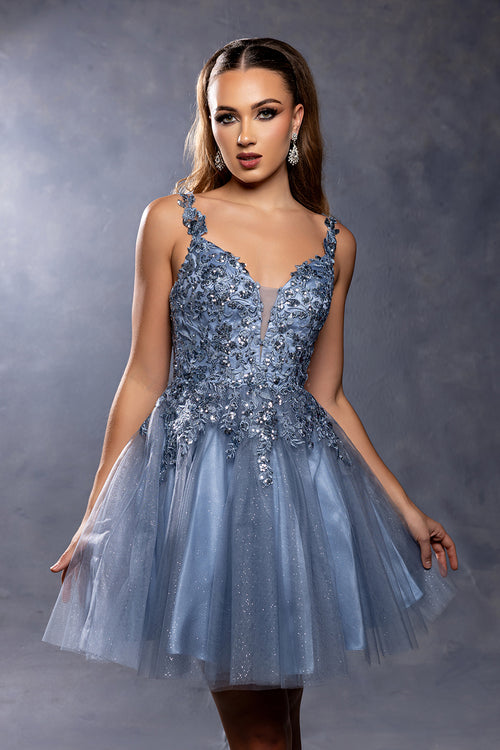 Plunging Illusion Floral Embroidered Embellished Glitter Tulle Short Dress by May Queen MQ2246