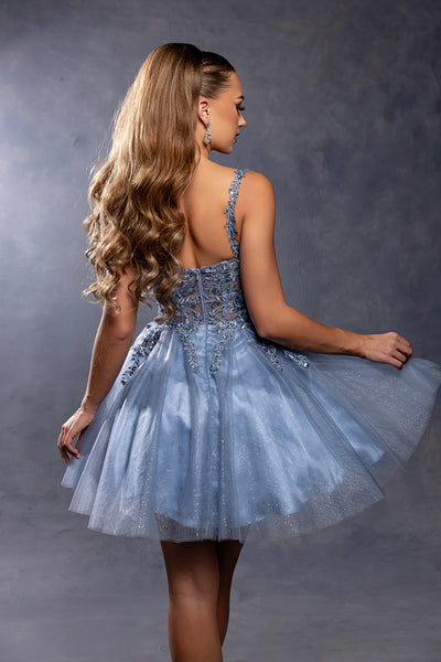 Plunging Illusion Floral Embroidered Embellished Glitter Tulle Short Dress by May Queen MQ2246