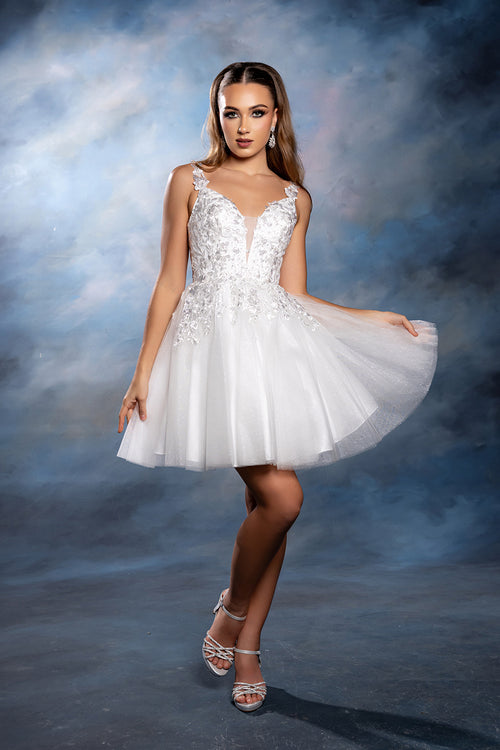 Plunging Illusion Floral Embroidered Embellished Glitter Tulle Short Dress by May Queen MQ2246