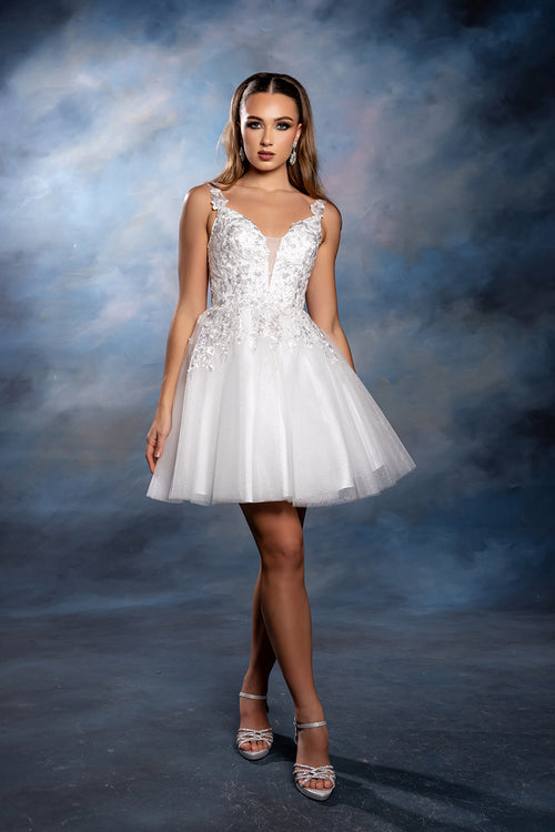 Plunging Illusion Floral Embroidered Embellished Glitter Tulle Short Dress by May Queen MQ2246