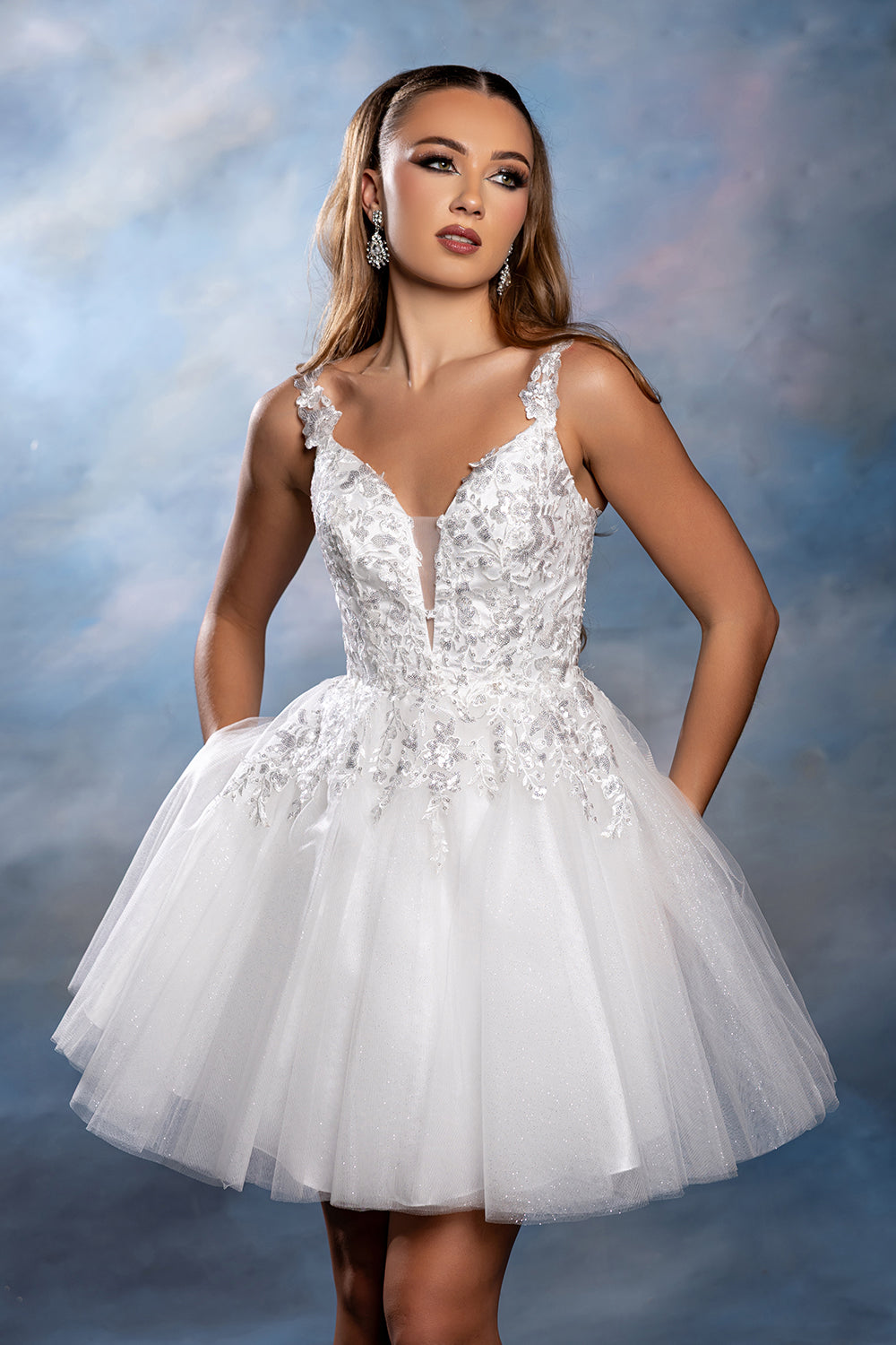 Plunging Illusion Floral Embroidered Embellished Glitter Tulle Short Dress by May Queen MQ2246