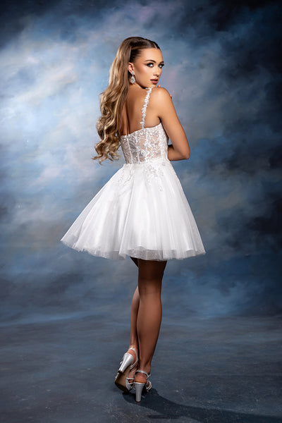Plunging Illusion Floral Embroidered Embellished Glitter Tulle Short Dress by May Queen MQ2246