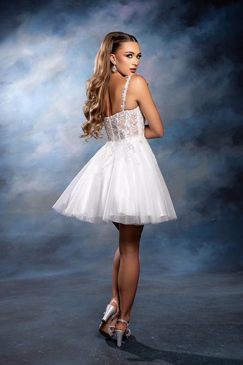Plunging Illusion Floral Embroidered Embellished Glitter Tulle Short Dress by May Queen MQ2246