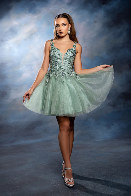 Plunging Illusion Floral Embroidered Embellished Glitter Tulle Short Dress by May Queen MQ2246