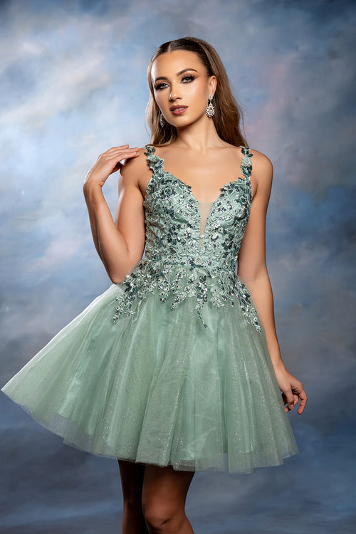 Plunging Illusion Floral Embroidered Embellished Glitter Tulle Short Dress by May Queen MQ2246