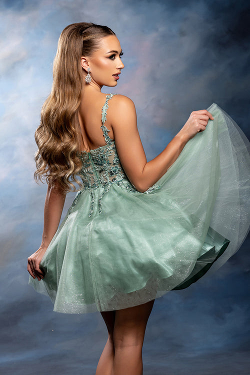 Plunging Illusion Floral Embroidered Embellished Glitter Tulle Short Dress by May Queen MQ2246