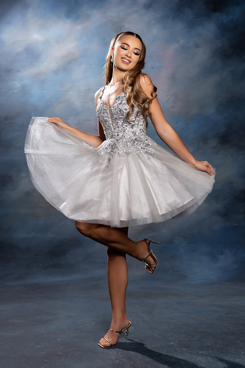 Plunging Illusion Floral Embroidered Embellished Glitter Tulle Short Hoco Dress by May Queen MQ2246