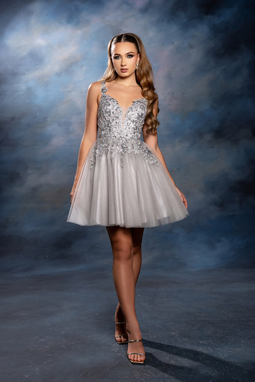 Plunging Illusion Floral Embroidered Embellished Glitter Tulle Short Hoco Dress by May Queen MQ2246