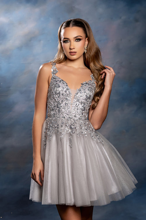 Plunging Illusion Floral Embroidered Embellished Glitter Tulle Short Hoco Dress by May Queen MQ2246