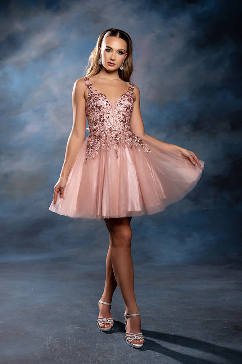Plunging Illusion Floral Embroidered Embellished Glitter Tulle Short Dress by May Queen MQ2246