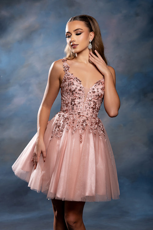 Plunging Illusion Floral Embroidered Embellished Glitter Tulle Short Dress by May Queen MQ2246