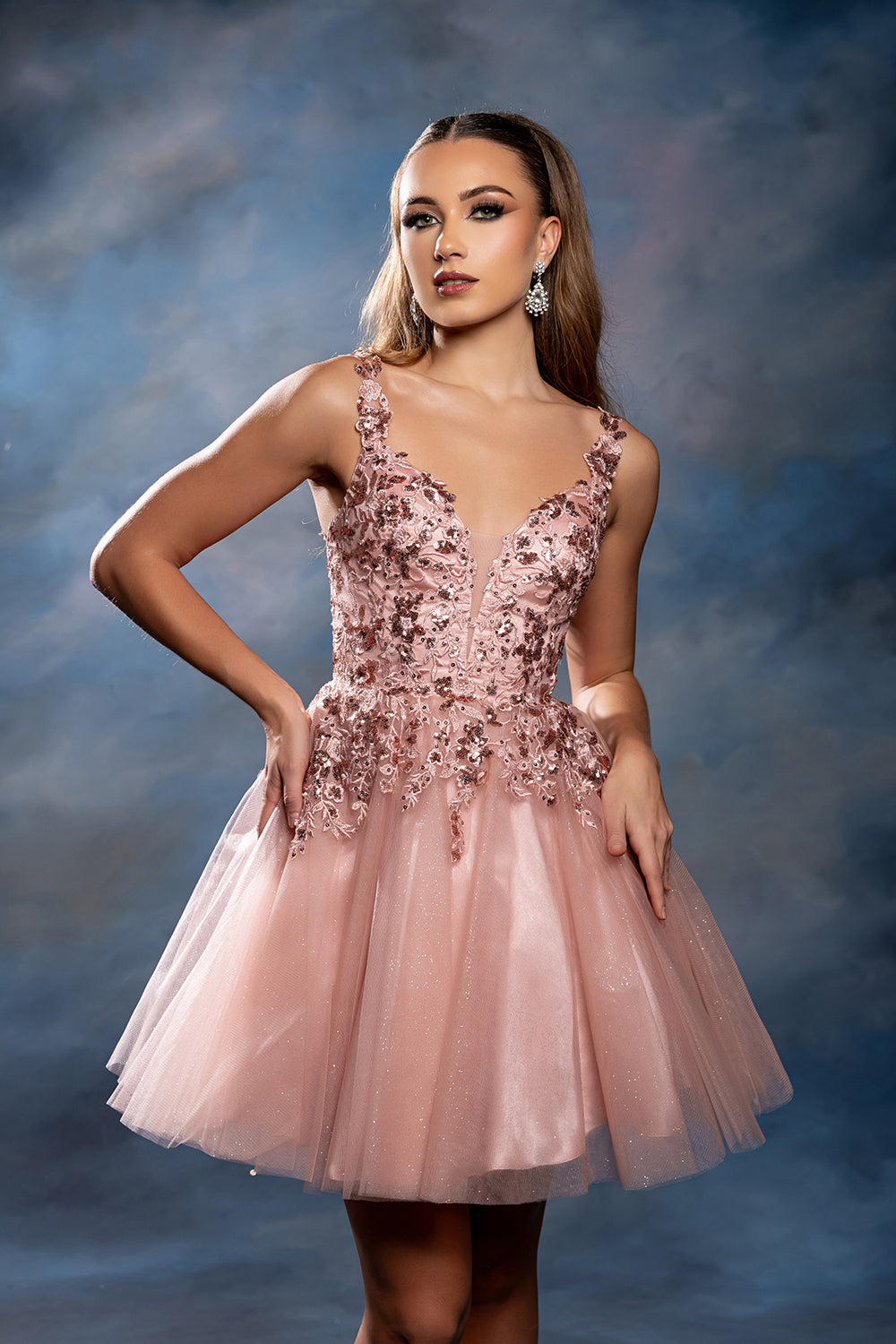 Plunging Illusion Floral Embroidered Embellished Glitter Tulle Short Dress by May Queen MQ2246