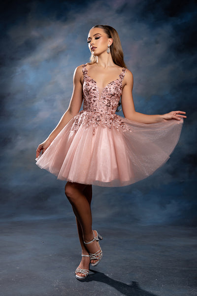 Plunging Illusion Floral Embroidered Embellished Glitter Tulle Short Dress by May Queen MQ2246