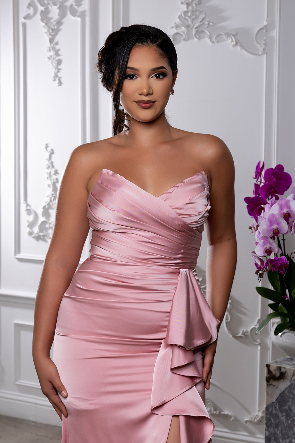 Strapless Pleated Ruched Bodice Side Ruffle Slit Mermaid Dress by May Queen MQ2247