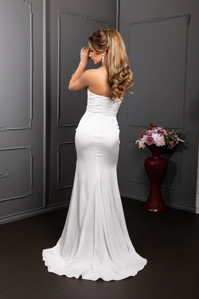 Strapless V-Neck Ruffle Satin Mermaid Floor-Length Wedding Gown with Slit by May Queen MQ2247