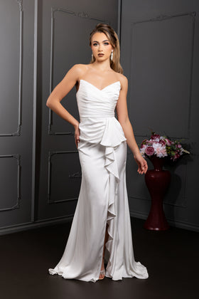Strapless V-Neck Ruffle Satin Mermaid Floor-Length Wedding Gown with Slit by May Queen MQ2247
