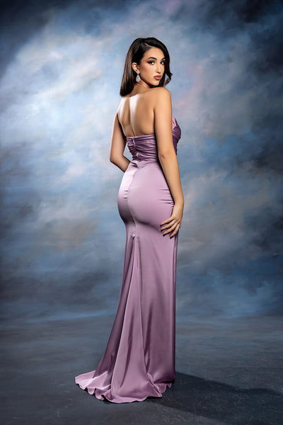 Strapless Pleated Ruched Bodice Side Ruffle Slit Mermaid Dress by May Queen MQ2247