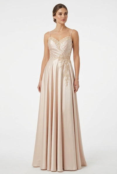 Sweetheart Spaghetti Strap Ruched Bodice Lace Appliqué A-Line Satin Dress by May Queen MQ2254