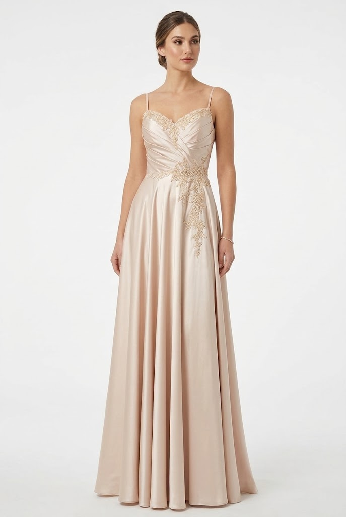 Sweetheart Spaghetti Strap Ruched Bodice Lace Appliqué A-Line Satin Dress by May Queen MQ2254