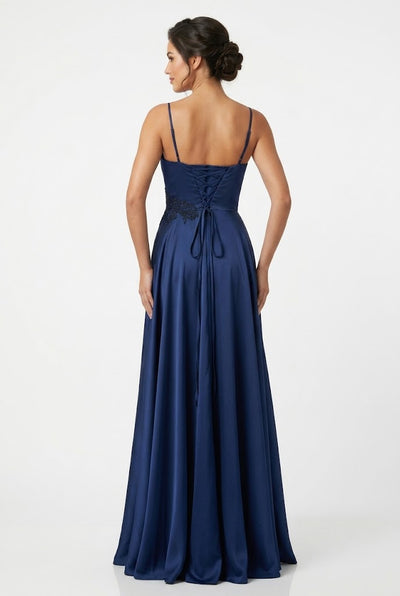 Sweetheart Spaghetti Strap Ruched Bodice Lace Appliqué A-Line Satin Dress by May Queen MQ2254