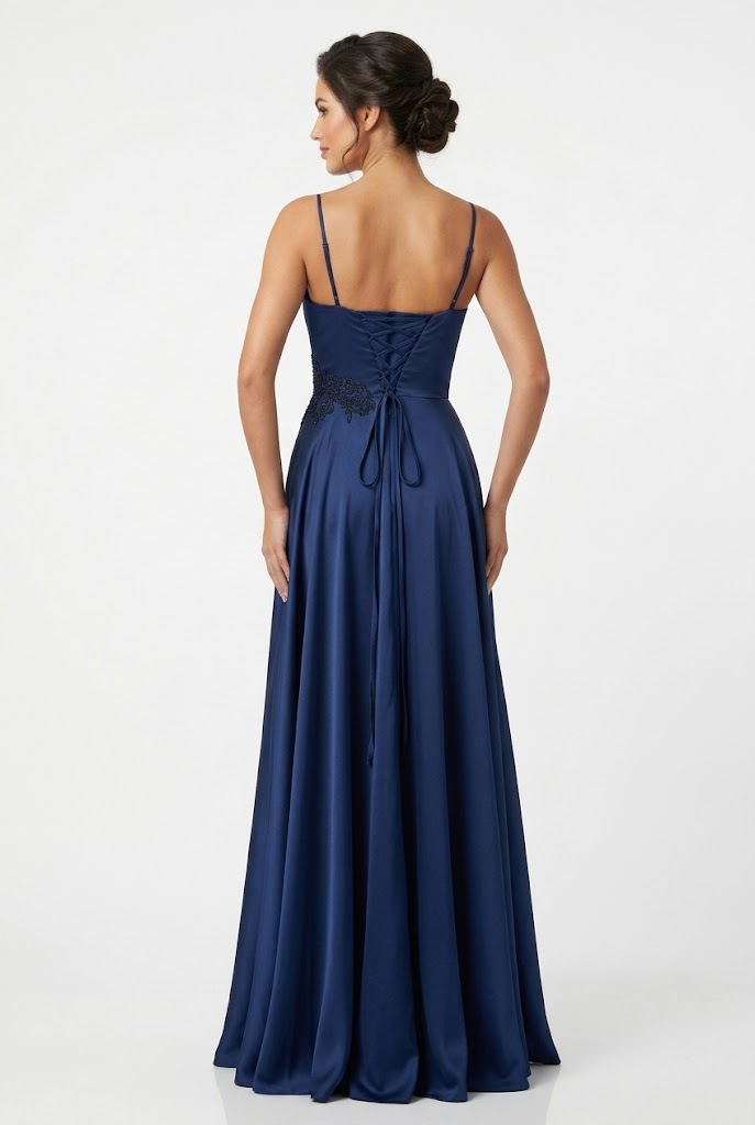 Sweetheart Spaghetti Strap Ruched Bodice Lace Appliqué A-Line Satin Dress by May Queen MQ2254