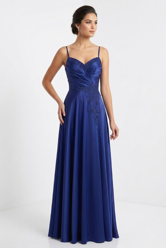 Sweetheart Spaghetti Strap Ruched Bodice Lace Appliqué A-Line Satin Dress by May Queen MQ2254