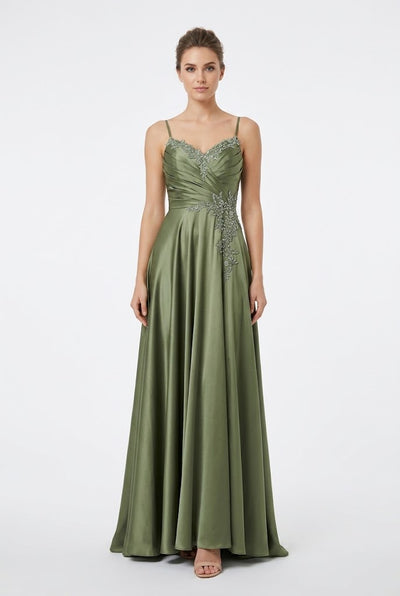 Sweetheart Spaghetti Strap Ruched Bodice Lace Appliqué A-Line Satin Dress by May Queen MQ2254
