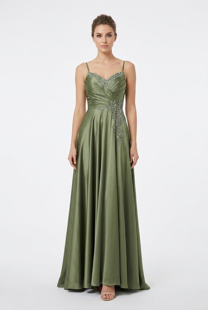 Sweetheart Spaghetti Strap Ruched Bodice Lace Appliqué A-Line Satin Dress by May Queen MQ2254