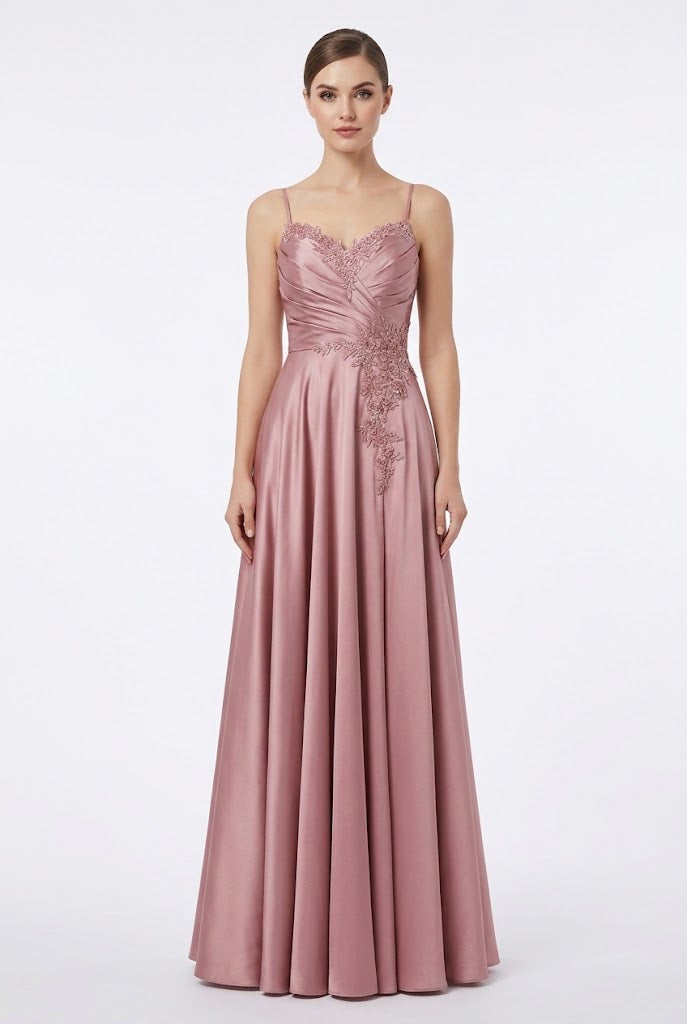 Sweetheart Spaghetti Strap Ruched Bodice Lace Appliqué A-Line Satin Dress by May Queen MQ2254
