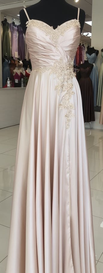 Sweetheart Spaghetti Strap Ruched Bodice Lace Appliqué A-Line Satin Dress by May Queen MQ2254