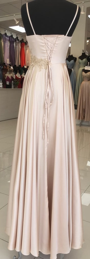 Sweetheart Spaghetti Strap Ruched Bodice Lace Appliqué A-Line Satin Dress by May Queen MQ2254